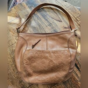 The Sak Brown Floral Embossed Leather Shoulder Strap Purse Hobo Handbag